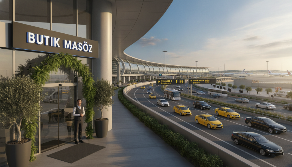 A bustling urban scene depicting the "Butik Masöz" massage salon situated near an airport, showcasing traffic planning for efficient access. In the foreground, a well-designed entrance of the massage salon with modern signage, framed by potted plants and a welcoming atmosphere. The middle ground features a busy street with cars and taxis in motion, reflecting the airport traffic's intensity. In the background, an airport terminal is visible, with planes preparing for takeoff under a clear blue sky. The scene is illuminated by soft, sunny daylight, casting gentle shadows. Capture the essence of a vital transit hub, emphasizing the importance of location for massage therapy services, while creating a calm yet dynamic atmosphere.