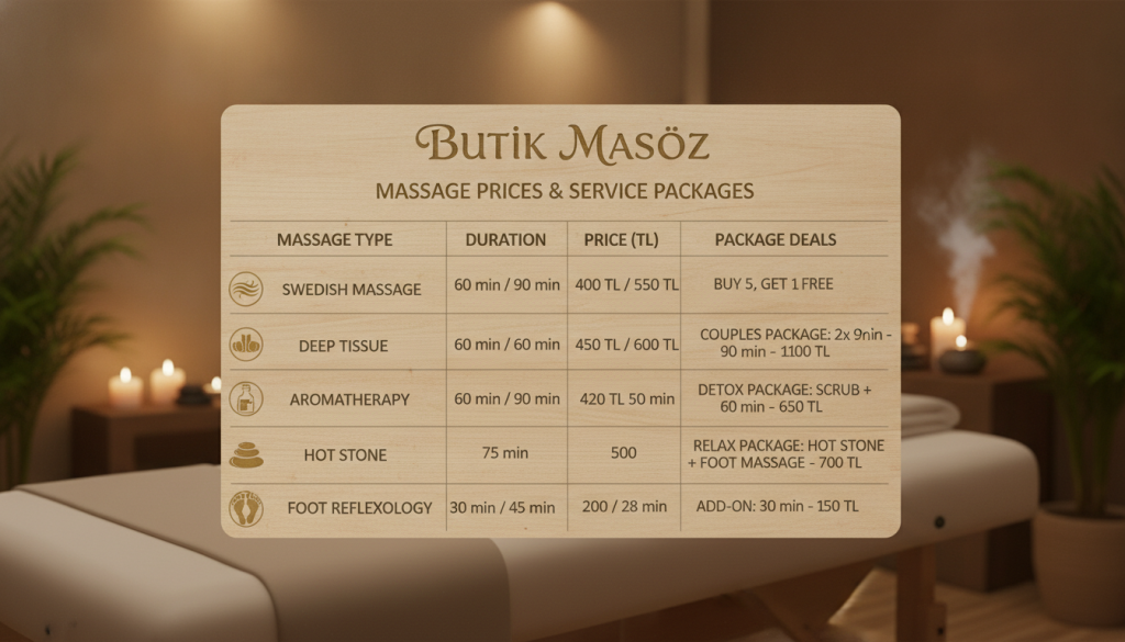A detailed comparison table illustrating massage prices and service packages of a local spa called "Butik Masöz". The foreground features a structured table with various columns and rows, neatly organized with headings for different massage types, prices, and durations. Each entry should be visually distinct and easy to read. In the middle of the image, there are elegant icons representing various massage services such as Swedish, deep tissue, and aromatherapy. The background should be a serene spa atmosphere, with soft lighting that creates a calming effect, and a blurred image of a tranquil massage room, enhancing the overall mood. The atmosphere should convey professionalism and relaxation. Ensure no text or additional elements are included outside the table format.