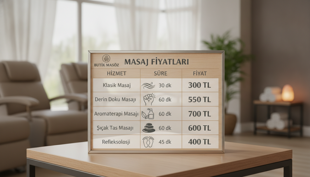 A detailed comparison table showcasing "masaj fiyatları" (massage prices) for different services offered by Butik Masöz. In the foreground, the table is elegantly designed with clear rows and columns, displaying information like service names, durations, and prices. The middle layer features icons representing various massage techniques, such as Swedish and deep tissue, artistically integrated into the table design. The background includes a soft-focus, calming atmosphere resembling a serene massage salon, with neutral colors and gentle lighting to evoke relaxation. The composition is clean and professional, set at a slightly elevated angle to focus on the details of the table, creating an informative and inviting mood without any text or distractions.