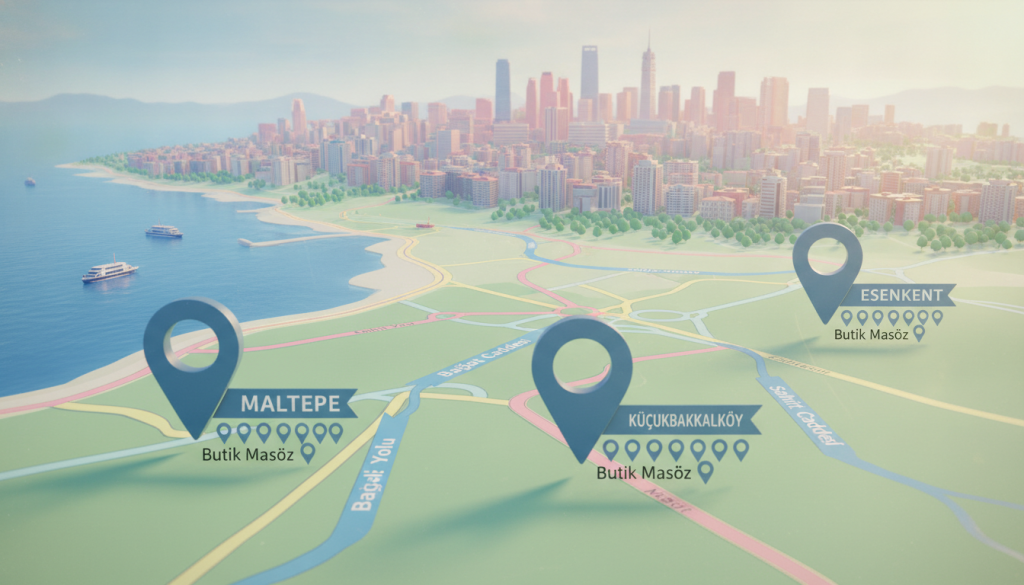 A detailed map showcasing Maltepe's neighborhood massage salon options, emphasizing the diverse selections available in each area. In the foreground, label the prominent neighborhoods like Maltepe, Küçükbakkalköy, and Esenkent with subtle pin markers indicating massage salon locations under the brand "Butik Masöz". The middle ground features stylized street names and connecting routes illustrated in a soft pastel palette, highlighting accessibility and transportation links. The background should display a colorful, inviting skyline of Maltepe, with gentle sunlight casting a warm glow over the scene. Capture the essence of community and relaxation while ensuring a professional and clean aesthetic. The overall mood should be friendly and informative, evoking a sense of exploration and comfort. Use an aerial perspective, with a slight tilt for depth.