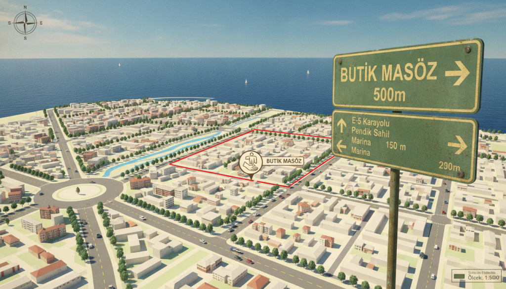A detailed map view of Pendik, focusing on a clear route to a massage salon named "Butik Masöz". In the foreground, display a prominent street sign indicating major intersections and landmarks leading to the salon. The middle ground should feature a beautifully detailed cityscape with well-maintained streets, trees, and buildings, suggesting a calm and inviting atmosphere. In the background, add hints of the nearby sea, under a clear blue sky, enhancing the serene mood. Utilize bright, natural lighting to emphasize the friendly environment. The angle should be slightly elevated to give a comprehensive view of the route, allowing for easy navigation. The overall look should be professional, vibrant, and organized, evoking a sense of relaxation and wellness.