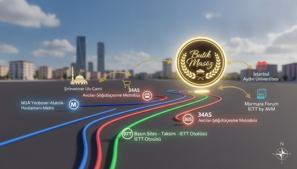 A detailed transportation planning map for "Butik Masöz" massage center in Şirinevler, depicted with vibrant colors. In the foreground, show clear route lines leading to the massage center, with labeled stops for metro stations and bus routes. The middle ground features stylized icons representing nearby landmarks and public transport hubs, combined with arrows guiding the viewer’s eye. The background displays a soft urban skyline of Şirinevler, under a bright, clear blue sky with soft white clouds, suggesting a welcoming atmosphere. Use warm, inviting lighting to enhance the professionalism of the scene. The image should evoke a sense of ease and accessibility, making it ideal for individuals seeking transportation options to the center.