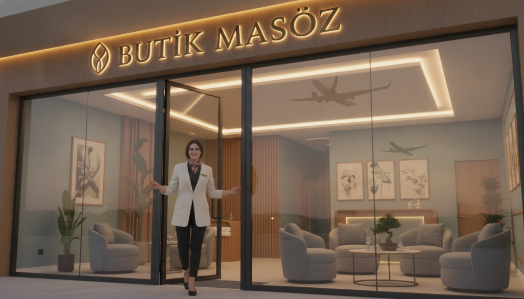 A modern and inviting massage salon exterior in Kurtköy, showcasing the brand "Butik Masöz." In the foreground, a well-dressed professional woman stands welcomingly at the entrance, dressed in a modest business outfit. The middle ground features the salon's chic interior design, highlighting soothing colors with comfortable seating and tranquil decor. The background subtly hints at airport traffic, with blurred silhouettes of airplanes taking off, hinting at convenient location benefits. The image is illuminated by warm, soft lighting to create a calming atmosphere, ensuring relaxation invokes a sense of escape. The angle captures both the entrance and a glimpse of the interior, providing viewers with an inviting feel of the space.