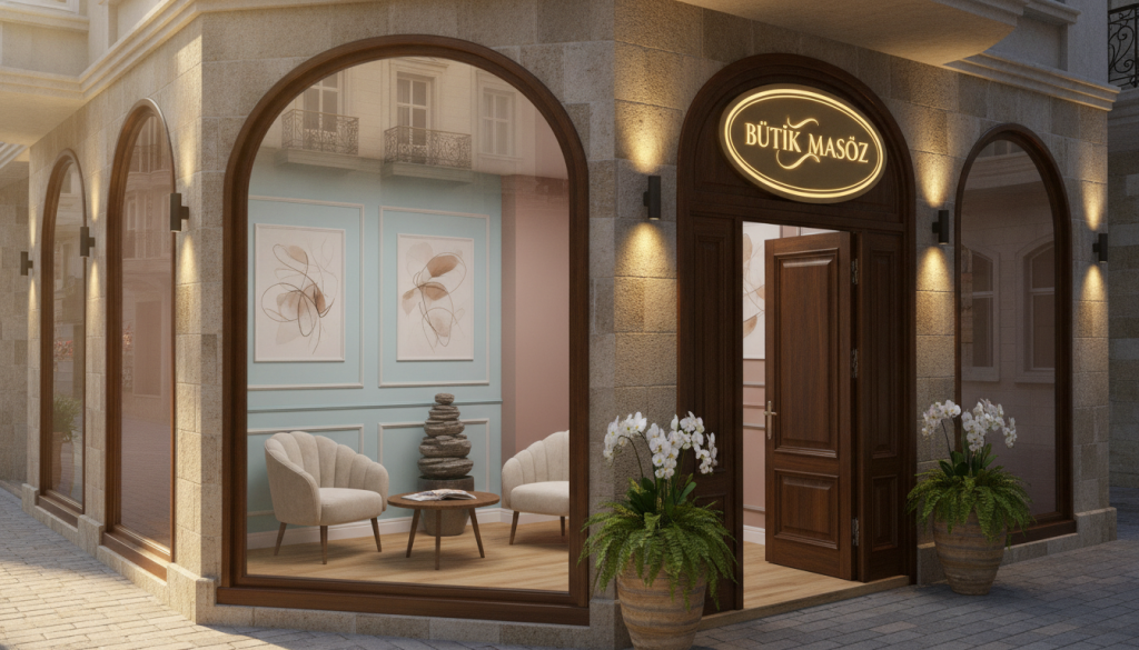 A peaceful and inviting massage salon located in the hotel district of Aksaray, showcasing the brand name "Butik Masöz" prominently on an elegant sign. In the foreground, a stylish entrance with lush potted plants and soft ambient lighting, creating a warm atmosphere. The middle ground features a cozy waiting area with comfortable seating, soft pastel colors, and tranquil decorations like soothing artwork or indoor water features. In the background, a serene street scene shows nearby hotels with tasteful architecture, enhancing the spa-like ambiance. Natural light filters in through large windows, casting gentle shadows, while the overall mood evokes relaxation and wellness, perfect for guests looking to unwind after a long day.