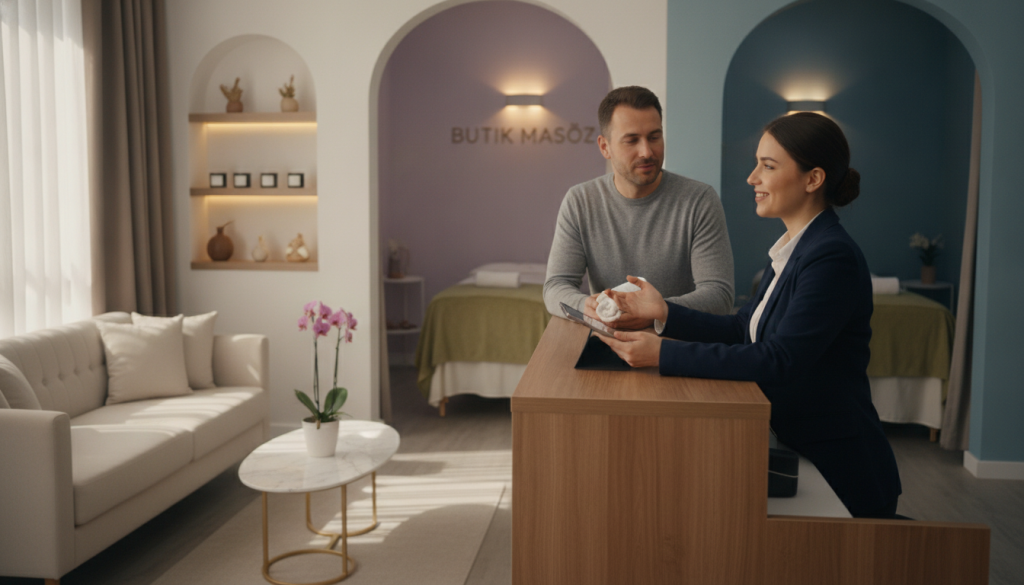 A professional and serene customer service setting at "Butik Masöz," a massage therapy establishment. In the foreground, an attentive customer service representative in business attire engages with a customer, showcasing a warm and welcoming demeanor. The middle ground features a neatly organized reception area with minimalistic decor, soft, natural lighting enhancing the atmosphere. In the background, glimpses of calming massage rooms with tasteful, soothing colors create an inviting ambience. The focus is on the interaction, highlighting effective communication and customer care. The overall mood is tranquil and professional, embodying trust and comfort, perfect for a massage therapy environment.