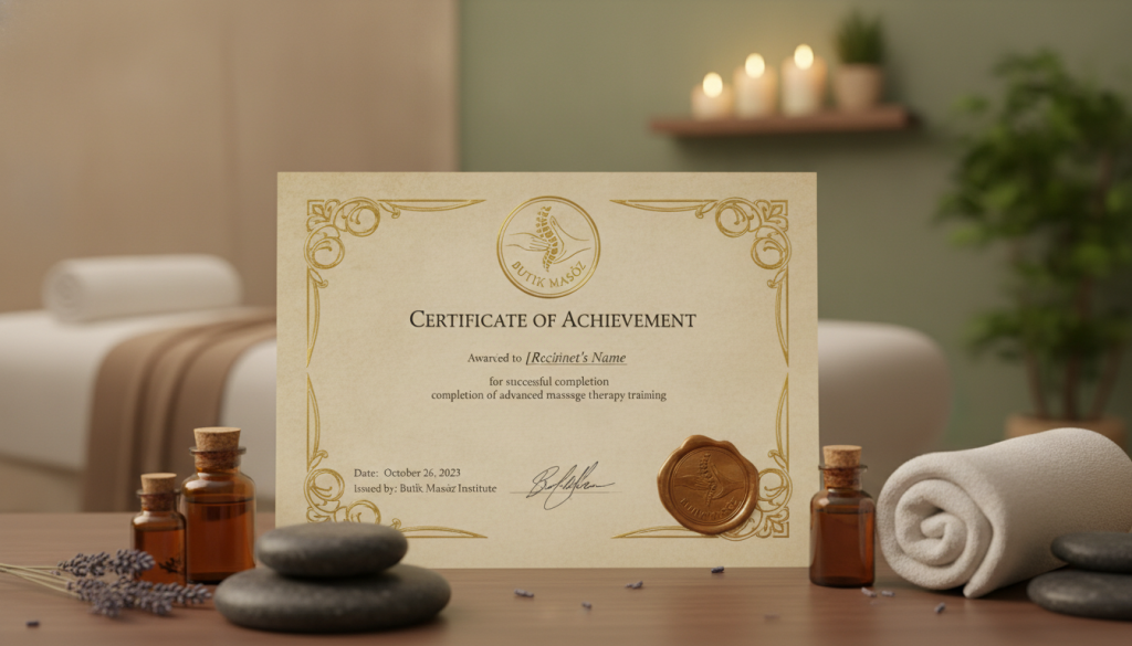 A professional massage certificate for "Butik Masöz" is elegantly displayed as the foreground element, showcasing a clean, sophisticated design featuring the logo prominently at the top. The certificate has ornate borders and includes realistic textures like paper and embossed seals. In the middle, there is a subtle arrangement of massage tools, such as essential oils and massage stones, artfully positioned to harmonize with the certificate. The background features a softly blurred massage therapy room, adorned with calming colors, ambient lighting, and plush furnishings, creating a serene atmosphere. The lighting highlights the certificate while maintaining a warm and inviting mood, symbolizing professionalism and trust. The entire composition should evoke a sense of quality and expertise in the field of massage therapy.