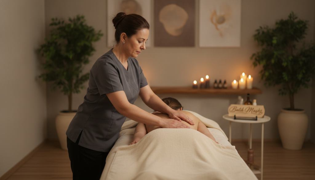 A professional massage therapist in a serene and elegantly decorated massage room, focusing on a client receiving a therapeutic massage. The therapist, a middle-aged woman, is dressed in a professional and modest outfit, demonstrating expert technique with attentive care. Soft, warm ambient lighting highlights the calming atmosphere, with candles and soothing essential oils in the background. A massage table, adorned with clean linens, and elegant décor featuring natural elements create a tranquil setting. The scene is framed with a slightly blurred background of plants and calming artwork. The mood is peaceful and therapeutic, epitomizing relaxation and expertise. Include the brand name "Butik Masöz" subtly incorporated into the environment, enhancing the professional ambiance.