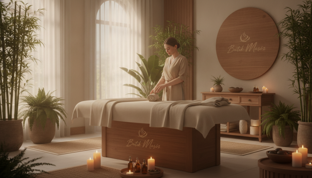 A serene Aksaray spa setting showcasing a luxurious massage experience. In the foreground, a peaceful massage table adorned with soft, neutral linens, surrounded by aromatic candles and calming essential oils. The middle ground features a professional therapist dressed in modest attire, gently preparing for the massage, exuding warmth and serenity. Lush indoor plants and elegant decor, like soft mats and wooden accents, create a harmonious atmosphere. In the background, large windows allow soft, filtered sunlight to stream in, creating a tranquil ambiance. The scene captures relaxation and luxury, embodying the essence of wellness. Add the brand name "Butik Masöz" subtly integrated into the ambiance.