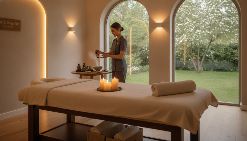 A serene and calming interior of a massage salon named "Butik Masöz" in Şirinevler, showcasing a professional massage environment. In the foreground, a clean, elegantly arranged massage table adorned with soft, neutral-toned linens and aromatic candles, casting a warm, inviting light. The middle ground features a trained massage therapist, depicted in professional attire, gently preparing essential oils on a small table. Soft, ambient lighting creates a tranquil atmosphere, enhancing the sense of relaxation. In the background, large windows offer a glimpse of a peaceful outdoor view, with greenery softly illuminated by natural light. The overall mood conveys comfort, tranquility, and the importance of professional massage therapy for well-being, emphasizing relaxation and rejuvenation.