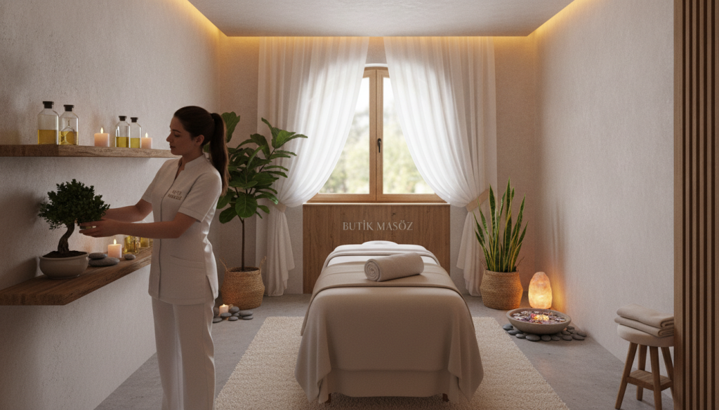 A serene and elegantly designed massage therapy room featuring a massage table at the center, adorned with soft, neutral-toned linens. In the foreground, a professional massage therapist wearing a crisp white uniform is gently preparing the space, arranging aromatic oils and soothing candles on a wooden shelf. In the middle ground, calming plants and decorative stones create a tranquil atmosphere, while soft lighting bathes the room in a warm glow, enhancing the peaceful ambiance. The background showcases a large window with sheer curtains, allowing natural light to filter through, surrounded by a minimalist decor. The brand name "Butik Masöz" is subtly integrated into the room's design elements. The overall mood is one of relaxation and comfort, inviting guests into a luxurious wellness experience.