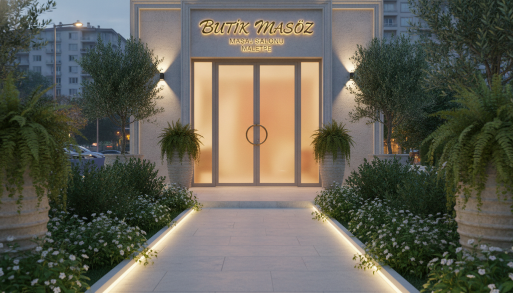 A serene and inviting entrance of "Butik Masöz" massage salon in Maltepe, designed to convey tranquility and relaxation. The foreground features a beautifully landscaped pathway lined with soft, ambient lighting leading to an elegant entrance adorned with tasteful decor. In the middle, the entrance doors are made of frosted glass, allowing a warm glow to emanate from within, suggesting a calming atmosphere. The background shows softly blurred city elements, hinting at the neighborhood while maintaining focus on the salon. The scene is illuminated by gentle evening light, creating a soothing ambiance, captured from a slightly low angle to emphasize the elegance of the entrance and the inviting nature of the establishment. The mood is peaceful and welcoming, reflecting a professional environment.