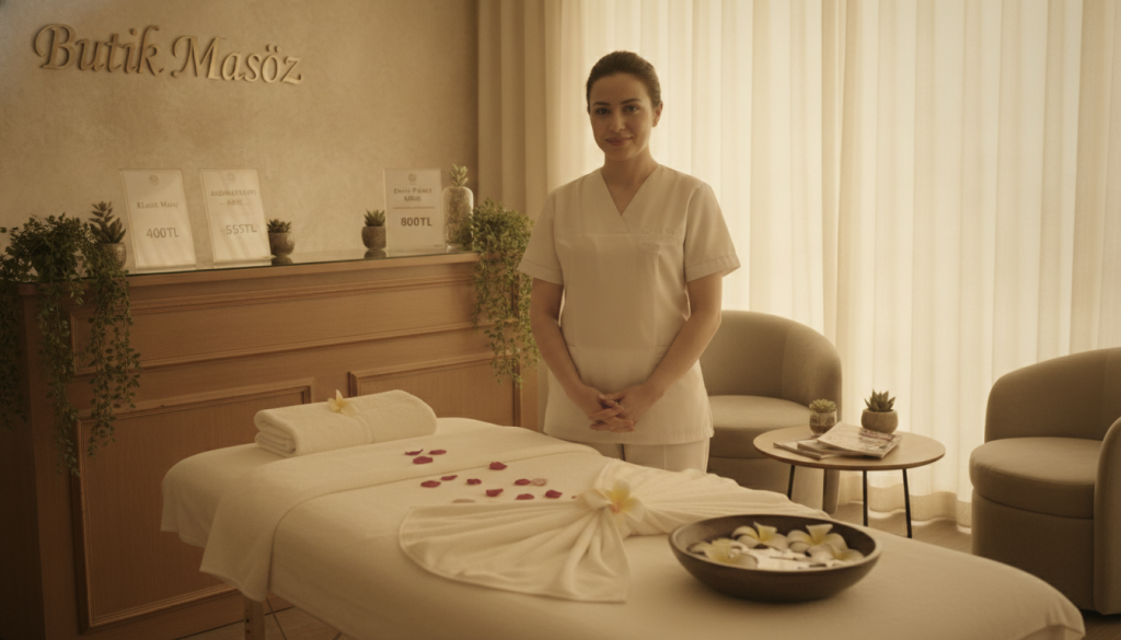 A serene and inviting image of a luxurious massage salon named "Butik Masöz" in the Aksaray hotel district. In the foreground, a professional therapist in modest, professional attire stands next to a beautifully arranged massage table, adorned with soft, calming fabrics. In the middle ground, display various pricing packages elegantly arranged on a stylish wooden reception desk, with tasteful decor and soothing plants surrounding them. The background should depict a tranquil ambiance, featuring warm lighting that enhances the peaceful atmosphere, with soft textures and colors that evoke relaxation. Use a warm lens filter to create a soothing glow, capturing the essence of wellness and comfort. The mood should be calm and inviting, perfect for an upscale massage experience.
