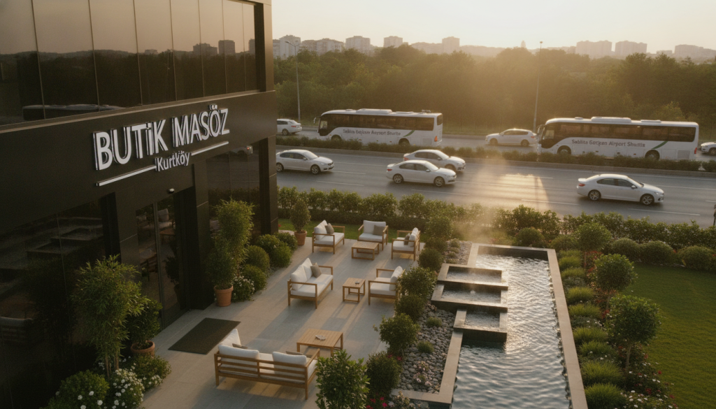 A serene and inviting image showcasing the ideal location for "Butik Masöz" massage center in Kurtköy. In the foreground, a modern, elegantly designed massage center entrance with large glass windows, surrounded by lush greenery. The middle features a tranquil outdoor seating area with comfortable chairs and subtle water features, enhancing relaxation. In the background, visible traffic of friendly airport shuttles subtly suggesting nearby airport access, surrounded by an urban landscape. The setting is bathed in warm, golden hour light, creating a peaceful, inviting atmosphere. Capture the scene with a soft focus, using a wide-angle lens to emphasize the welcoming environment, highlighting both the natural beauty and the proximity to essential transport links.