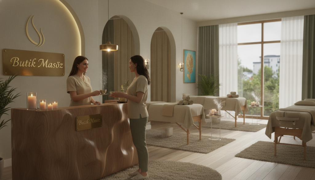A serene and inviting interior of a massage salon in Kurtköy, showcasing various treatment rooms with calming colors and soft lighting. In the foreground, there is an elegantly designed reception area with a friendly therapist in professional attire, warmly greeting a client. The middle ground features cozy treatment rooms equipped with comfortable massage tables, soothing artwork, and aromatic candles, enhancing the tranquil atmosphere. In the background, large windows allow natural light to filter in, creating a peaceful ambiance. The salon’s brand name "Butik Masöz" is subtly incorporated into the design elements of the reception. The overall mood is relaxing, promoting wellness and rejuvenation, ideal for a professional article on massage service comparisons in Kurtköy.