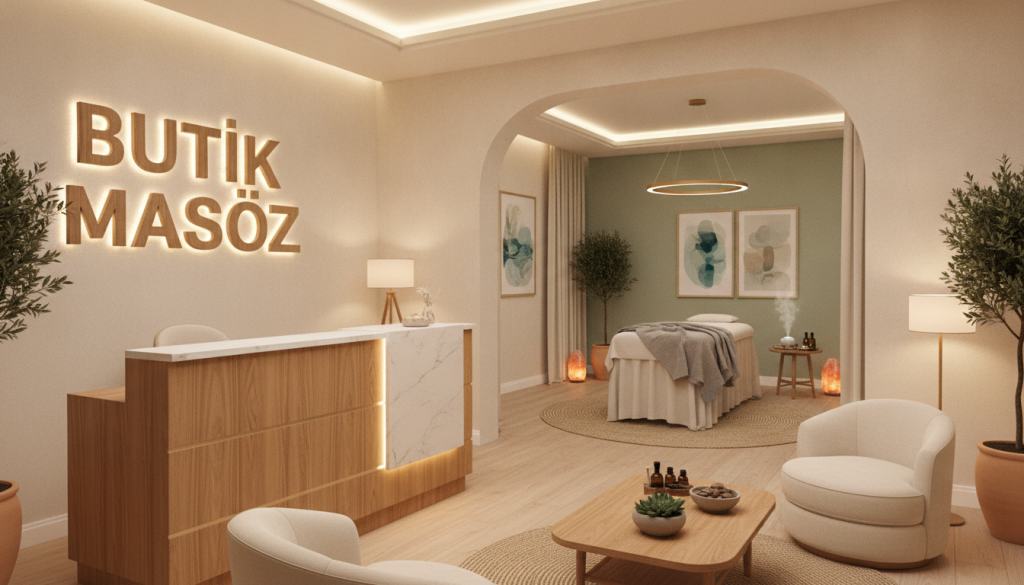 A serene and inviting interior of a massage salon, labeled “Butik Masöz” prominently in the foreground. The reception area features calming colors and natural wood elements, with soft, ambient lighting creating a warm, tranquil atmosphere. In the middle ground, a beautifully arranged massage therapy room with a massage table, essential oil diffusers, and calming décor, emphasizing relaxation. The background includes tasteful artwork and plants, enhancing the overall soothing vibe. The camera angle is slightly elevated, capturing the ambiance while focusing on the tasteful design details. The scene should evoke feelings of relaxation and comfort, suitable for showcasing the best massage salons in Pendik, with no people present in the image, maintaining professionalism and tranquility.