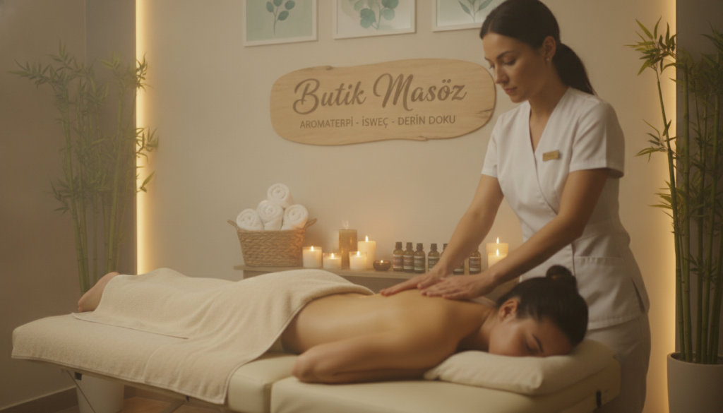 A serene and inviting interior of a massage salon named "Butik Masöz" in Üsküdar, featuring various massage types such as aromatherapy, Swedish, and deep tissue. In the foreground, a professional therapist is gently applying oil to a customer lying on a massage table, both dressed in modest attire, reflecting a tranquil atmosphere. The middle space showcases a beautifully arranged area with soft, ambient lighting casting a warm glow, plush towels, and aromatic candles. In the background, glimpses of relaxing decor, including bamboo plants and calming art, evoke a sense of peace. The image is captured with a soft-focus lens to enhance the soothing ambiance, emphasizing relaxation and wellness. The overall mood is calm, rejuvenating, and inviting, perfect for showcasing the benefits of various massage therapies.