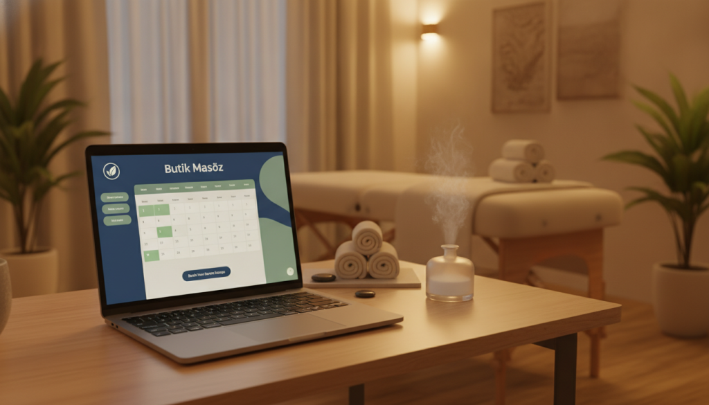 A serene and inviting massage appointment system interface for "Butik Masöz", depicted on a sleek digital device. The foreground features a laptop on a modern wooden desk, displaying a user-friendly scheduling application with soothing colors. In the middle ground, there is a soft, plush massage table with spa towels neatly arranged, suggesting relaxation and comfort. The background showcases a tranquil spa environment with soft ambient lighting, indoor plants, and calming artwork. Use warm and soft lighting to enhance the peaceful atmosphere, capturing a sense of professionalism and wellness. The perspective is slightly angled to focus on the device while still showcasing the inviting atmosphere of the spa.