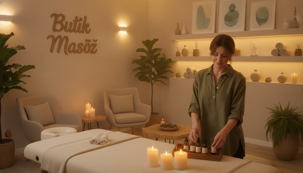 A serene and inviting massage parlor atmosphere in Üsküdar, featuring a peaceful interior design. In the foreground, a comfortable massage table is adorned with soft towels and aromatic candles, radiating a calming light. On one side, a skilled therapist, dressed in modest casual clothing, prepares essential oils, embodying professionalism and warmth. The middle ground showcases natural wood accents and plush seating, surrounded by plants that enhance the tranquility of the space. In the background, softly lit shelves display relaxation items and soothing artwork contributes to an overall atmosphere of peace. The lighting is warm and inviting, creating a serene ambiance that encourages relaxation. The brand name "Butik Masöz" subtly included in the decor, harmonizing with the soothing environment. The image captures a sense of comfort and calm, ideal for conveying the essence of a massage salon experience.