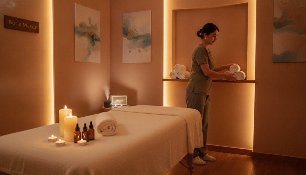 A serene and inviting massage room within "Butik Masöz" in Beşiktaş, showcasing a cozy atmosphere. In the foreground, a neatly arranged massage table draped with soft linen, surrounded by tranquil candles and essential oils. In the middle ground, a professional massage therapist in modest casual clothing prepares the space, demonstrating a focused and calming demeanor while arranging towels and soothing music. The background features warm ambient lighting and softly colored walls adorned with relaxing art. The overall mood is peaceful and inviting, promoting a sense of relaxation and readiness for a rejuvenating experience. The room should feel luxurious yet accessible, ensuring it embodies the anticipation of a professional massage session.