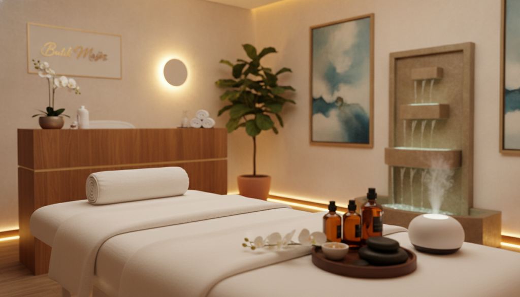 A serene and inviting massage salon interior, named "Butik Masöz", emphasizing hygiene and cleanliness. In the foreground, a neatly arranged massage table with fresh linens and aromatic oils, showcasing a spotless environment. The middle ground features a well-organized reception area with potted plants and soft lighting, creating a calming atmosphere. In the background, serene decorations like calming art pieces and a water fountain, enhancing the tranquility of the space. Soft, warm lighting fills the room, creating a welcoming mood. Use a shallow depth of field to focus on the cleanliness elements while blurring the background slightly. The overall scene should convey a sense of peace and hygiene, ideal for prospective clients seeking a quality massage experience.