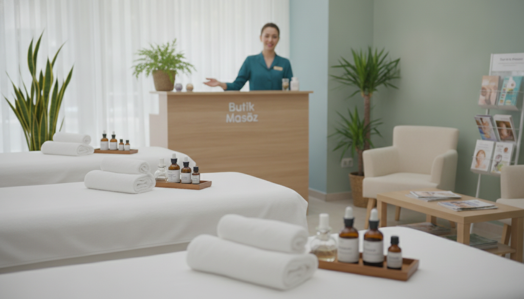 A serene and inviting massage salon setting named "Butik Masöz," showcasing impeccable hygiene standards. In the foreground, neatly arranged massage tables with clean linens and fresh towels, accented by aromatic essential oils in elegant bottles. The middle layer features a well-organized reception area with a friendly staff member in professional attire, welcoming clients. The background reveals soothing decor with soft lighting, calming colors like soft greens and blues, and indoor plants that enhance the tranquil atmosphere. A glimpse of an organized waiting area with comfortable seating and informative pamphlets on sanitation practices. The overall mood is peaceful and professional, reflecting the importance of hygiene in wellness spaces, captured with soft focus to create a calming effect throughout the image.