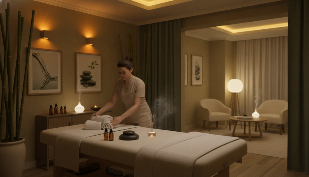 A serene and inviting massage therapy room at Butik Masöz in Beşiktaş, conveying a sense of relaxation. In the foreground, a professional therapist adjusts soft, calming lighting and prepares a massage table adorned with plush towels and essential oils. The middle ground features zen decorations like bamboo plants and calming artwork, along with subtle aromatherapy diffusers emitting gentle wisps of fragrant steam. The background shows a tranquil waiting area with comfortable seating and soft, ambient lighting. The scene is captured with a warm color palette, emphasizing comfort and tranquility. The mood is peaceful, promoting strategies for appointment scheduling during busy hours. The image should feature no text, ensuring a focus on the calming environment of the massage salon.