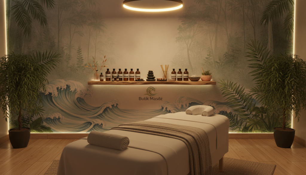 A serene and inviting massage therapy room, designed for various professional massage services. In the foreground, a neatly arranged massage table adorned with clean, fresh linens. Soft ambient lighting casts a warm glow, creating a peaceful atmosphere. In the middle ground, essential oils and massage tools are elegantly displayed on a wooden shelf, conveying a sense of professionalism and comfort. The background features a calming nature mural of gentle waves and soft greenery, enhancing relaxation. A logo for "Butik Masöz" subtly incorporated into the design elements, ensuring it feels cohesive. The overall mood is tranquil and rejuvenating, appealing to clients seeking relaxation and therapy. The scene captures the essence of diverse massage types offered in a professional setting.
