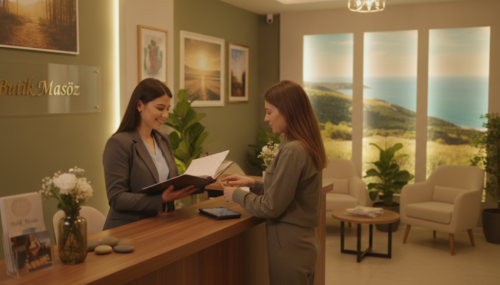 A serene and inviting scene depicting the process of booking a massage appointment at "Butik Masöz" in Beşiktaş. In the foreground, a well-organized reception desk, with a friendly, professional attendant in modest business attire, engaging with a customer while holding an appointment book and a tablet. In the middle ground, a waiting area with comfortable seating, soft lighting, and soothing decor, adorned with plants and artwork that evoke relaxation. In the background, calming images of tranquil nature scenes and soft colors. The lighting is warm and inviting, creating a peaceful atmosphere, emphasizing the comfort and professionalism of the service. The overall mood is serene and focused on customer care, illustrating the appointment scheduling process beautifully.