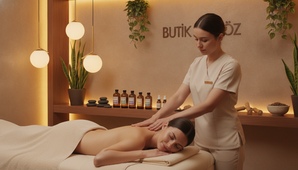 A serene and inviting spa environment at "Butik Masöz" in Ataşehir, featuring various massage types. In the foreground, a professional massage therapist, dressed in modest and professional attire, demonstrates a soothing technique on a client reclining comfortably on a massage table draped with soft towels. In the middle ground, a selection of essential oils and massage tools is displayed on a wooden shelf, emphasizing the variety of options available. The background showcases calming decor with plants, soft lighting, and warm earthy tones, creating a tranquil atmosphere. The scene is illuminated by gentle, diffused lighting, enhancing the serene mood of relaxation and self-care.