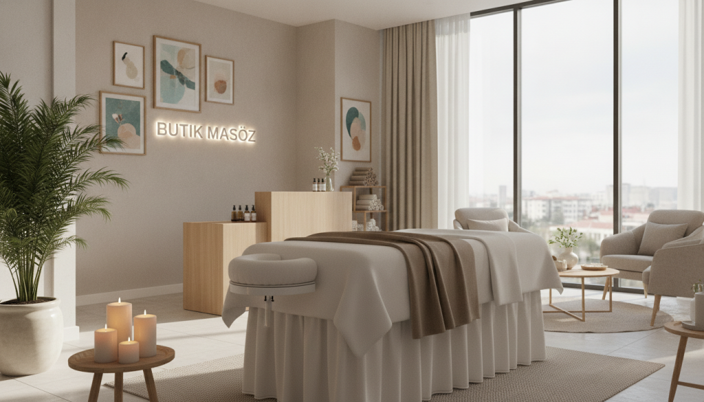 A serene and inviting spa massage salon in Başakşehir, featuring a calm and tranquil ambiance. In the foreground, a cozy massage area with soft, neutral-toned decor and plush furnishings. A massage table draped in fresh linens sits beside potted plants and soothing candles. In the middle ground, a welcoming reception area displays the brand name "Butik Masöz" on a minimalist sign, surrounded by tasteful artwork and a warm color palette. In the background, large windows allow natural light to filter in, enhancing the peaceful atmosphere. The setting conveys relaxation and revitalization, inviting visitors to unwind. The angle captures both the intimate and spacious elements of the salon, showcasing its professional and harmonious environment.
