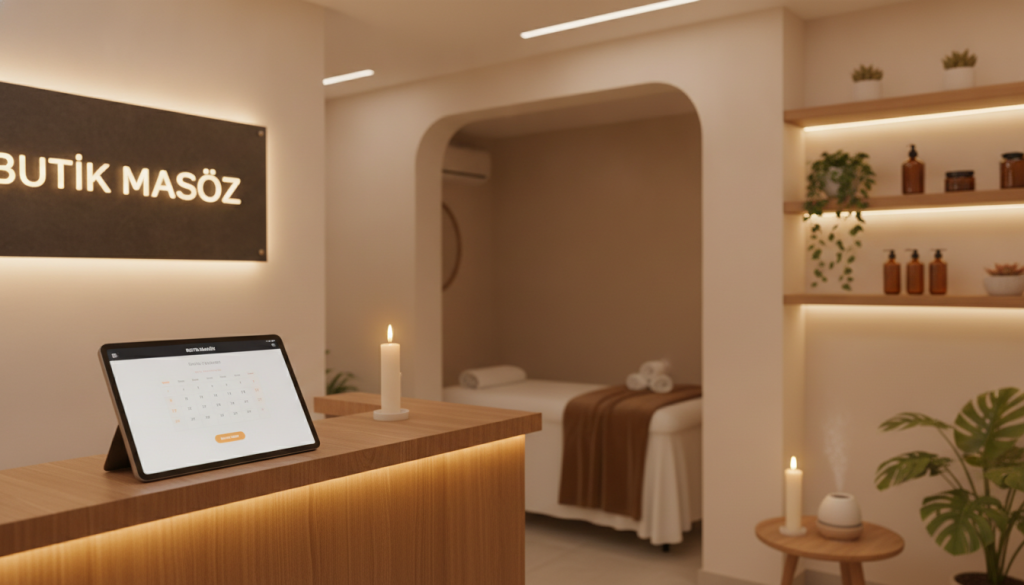 A serene and inviting spa setting featuring the "Butik Masöz" brand in an elegant, modern design. In the foreground, a polished reception desk with soft lighting showcases a tablet displaying an online booking system for massage appointments. The middle ground features a tranquil massage room with a calming color palette—neutral tones with soft accents—and a massage table draped in clean linens. Candles and essential oil diffusers create a relaxing atmosphere. The background includes softly illuminated shelves with spa products and lush greenery, enhancing the peaceful vibe. Utilize warm, soft lighting with a shallow depth of field to evoke a sense of tranquility and professionalism, perfect for showcasing the benefits of online appointment booking in a massage salon.