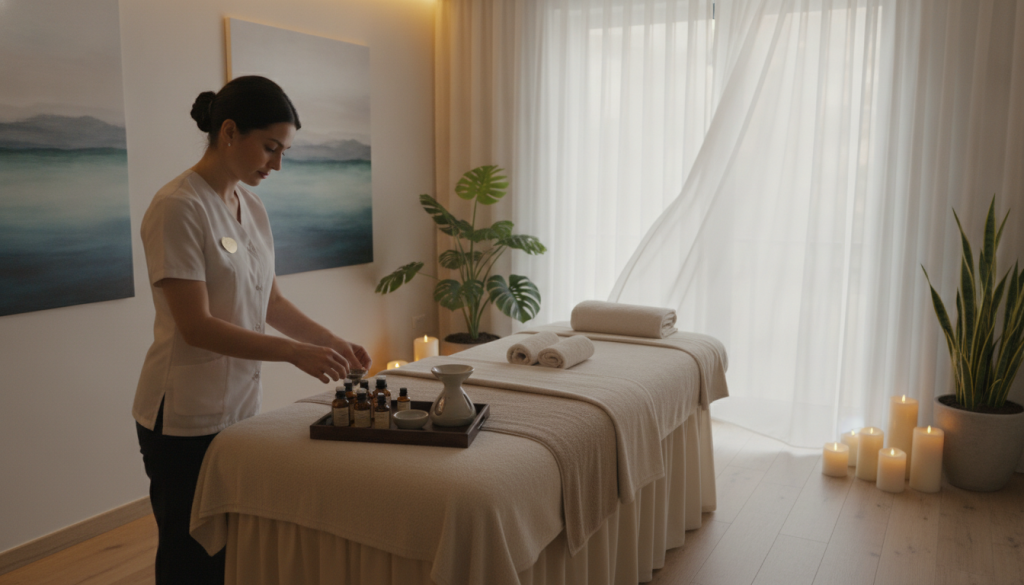 A serene and inviting spa therapy room at Butik Masöz in Üsküdar, featuring a plush massage table adorned with soft, neutral-toned linens. In the foreground, a therapist in a professional outfit is preparing essential oils, emphasizing a calm and relaxing atmosphere. The middle section displays soothing décor, including candles, potted plants, and calming artwork on the walls. The background includes a softly lit window with flowing sheer curtains that diffuse natural light, creating a tranquil ambiance. The scene should evoke a sense of peace and relaxation, capturing the essence of massage therapy in a refined spa setting. Use warm, gentle lighting to enhance the comforting mood of the space.