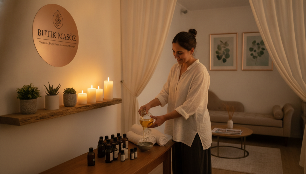 A serene and welcoming massage salon scene, featuring elegant and tranquil interiors. The foreground showcases a professional-looking individual dressed in modest casual attire, preparing massage oils on a clean, well-organized table. In the middle ground, soft lighting creates a calm ambiance, highlighting soothing elements like candles, plants, and delicate textiles. The background reveals a glimpse of a comfortable seating area adorned with calming art pieces and a sign that reads "Butik Masöz." The atmosphere is peaceful and inviting, suggesting a variety of services offered, such as Swedish, deep tissue, and aromatic massages. The image should utilize soft, warm lighting with a slight blur to create a soft focus effect, evoking relaxation and rejuvenation.
