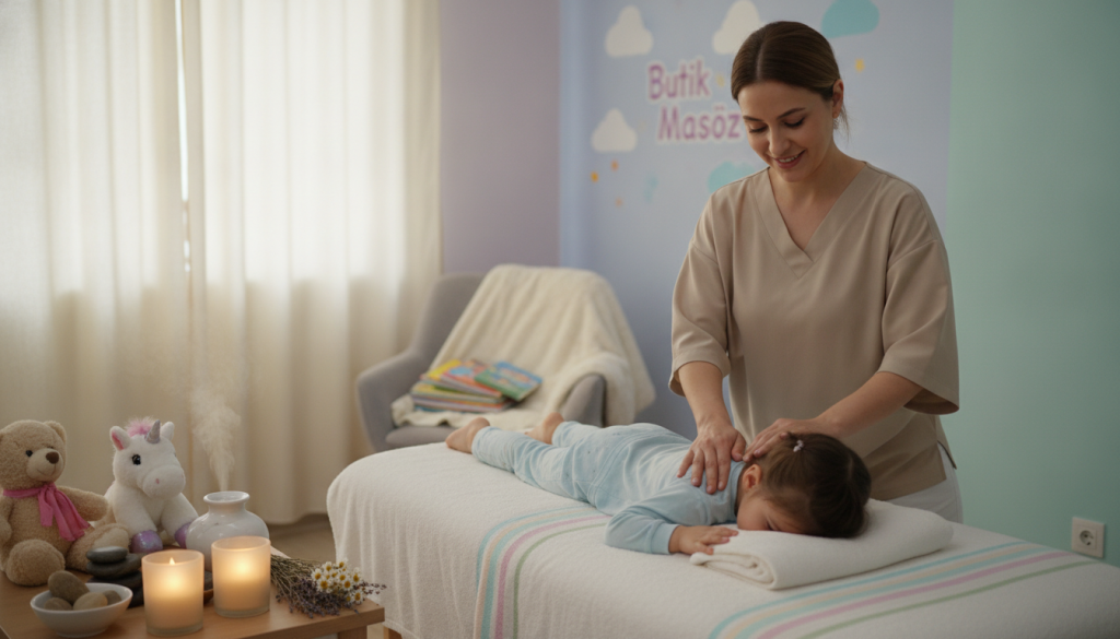 A serene children's massage therapy scene at Butik Masöz in Üsküdar, featuring a calm, brightly lit room filled with soft pastel colors. In the foreground, a professional therapist gently massages a young child, who is comfortably lying on a massage table. The therapist is wearing modest, professional attire, conveying a warm and nurturing presence. In the middle ground, soothing elements like plush toys and gentle aromatherapy candles create a peaceful atmosphere. The background includes soft, natural light filtering through sheer curtains, enhancing the inviting and relaxed ambiance. The overall mood is tranquil and caring, suitable for showcasing child-friendly massage options.