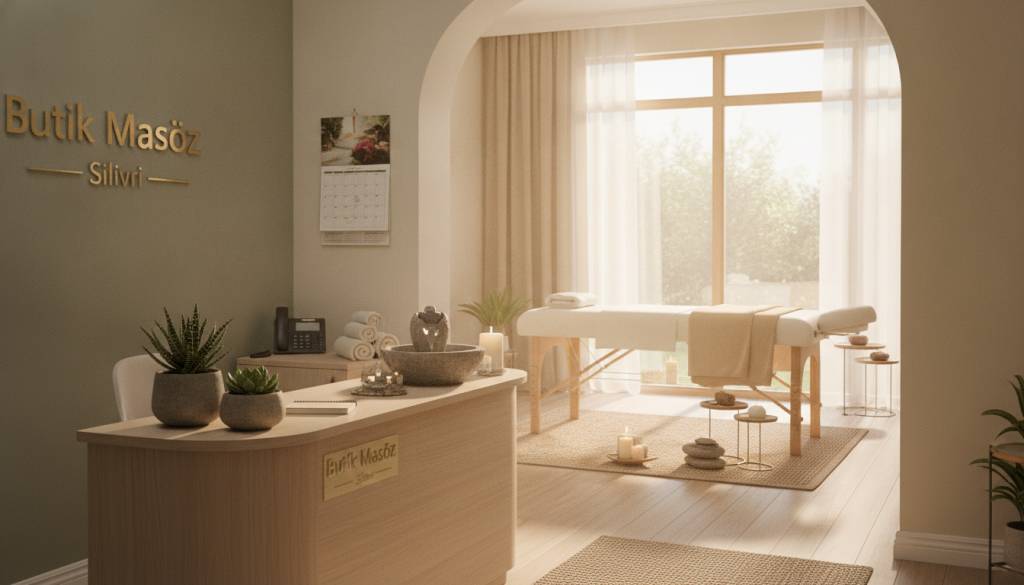 A serene, elegant interior of a professional massage salon named "Butik Masöz" in Silivri. In the foreground, a welcoming reception area with soft, natural lighting, featuring a modern reception desk adorned with calming plants and decorative elements. The middle section showcases a beautifully arranged massage room, with a warm massage table, clean linens, and soothing candles, creating a tranquil atmosphere. In the background, large windows let in gentle sunlight, illuminating the space and highlighting soft, neutral colors in the decor. The overall mood is peaceful and professional, emphasizing the importance of booking appointments for a stress-free experience. Include subtle elements like a calendar and a phone to suggest scheduling. Avoid any human subjects to maintain focus on the environment.