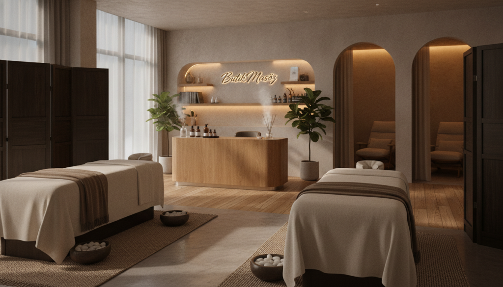 A serene interior of a high-end massage and spa center named "Butik Masöz" in Ataşehir. The foreground features comfortable massage tables draped in soft, neutral-toned linens, accented by luxurious wooden decor. In the middle, a tranquil reception area displays elegant spa products and calming plants, with delicate aroma diffusers releasing a soothing mist. The background reveals softly lit treatment rooms with ambient lighting, creating a warm and inviting atmosphere. Soft shadows enhance the warmth of wooden textures and plush rugs. The lighting is soft and diffused, captured from a slightly elevated angle to give an expansive view of the space. The overall mood is peaceful and relaxing, inviting clients to unwind and indulge in self-care.