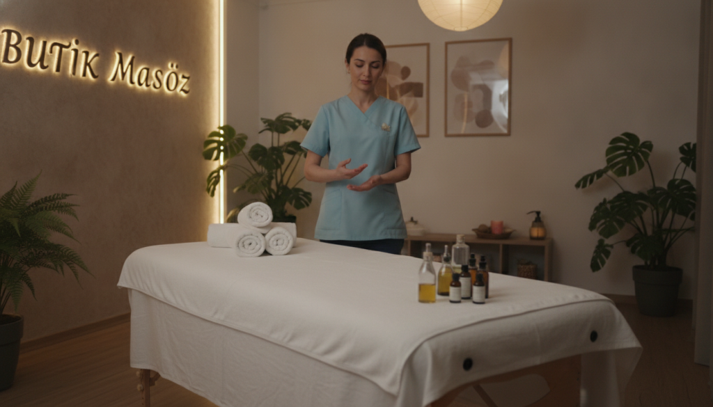 A serene interior of a massage salon named "Butik Masöz," showcasing high hygiene standards. In the foreground, a neatly arranged massage table covered with a fresh, white linen sheet, alongside clean towels and essential oils in elegant glass containers. The middle ground features a professional massage therapist in modest attire, demonstrating a calming posture as they prepare the space, exuding a sense of tranquility and professionalism. The background reveals a softly lit ambiance with potted plants and calming artwork on the walls, creating a soothing atmosphere. Gentle, warm lighting enhances the welcoming feel, emphasizing cleanliness and comfort. The overall mood is peaceful, inviting patrons to relax and rejuvenate in a hygienic environment.