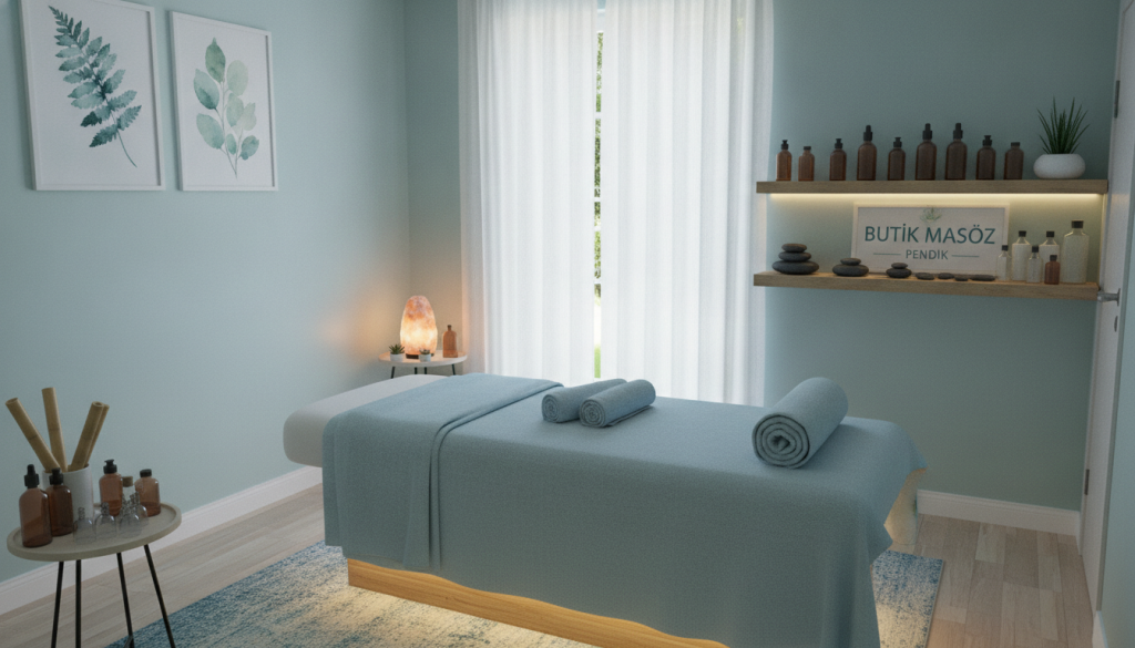 A serene massage therapy room at "Butik Masöz" in Pendik, showcasing various massage tools and oils. In the foreground, a beautifully arranged massage table with soothing towels and soft lighting casts a warm glow. The middle ground features essential oils and stones elegantly displayed on a wooden shelf, accentuating a calming atmosphere. In the background, a window with sheer curtains allows gentle natural light to filter in, enhancing the tranquil setting. The walls are adorned with calming artwork that reflects spa themes. The scene should evoke a sense of relaxation and professionalism, with a focus on different massage types, creating an inviting space for clients to unwind. Emphasize a clean, organized appearance with a soothing color palette of soft blues and greens.