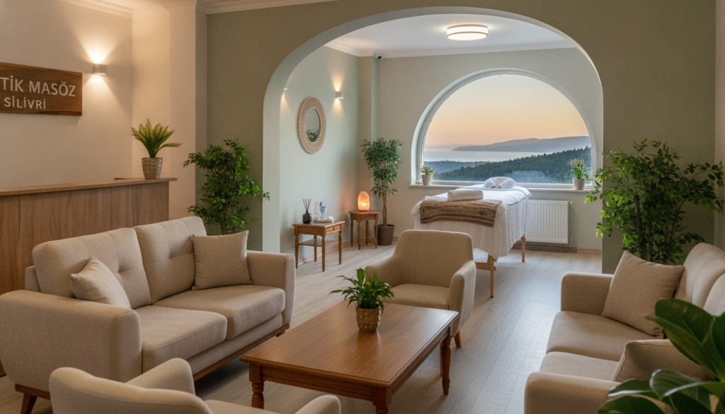 A serene scene capturing the atmosphere of "Butik Masöz" massage salon in Silivri, emphasizing the effect of distance on the massage experience. In the foreground, a peaceful and inviting reception area with comfortable seating and lush greenery. The middle section features a massage room with soft, ambient lighting, calming colors, and a massage table elegantly arranged with fresh towels. In the background, a large window showcases a distant view of peaceful nature, symbolizing tranquility and distance. The lighting is warm and soothing, enhancing the mood of relaxation. The overall atmosphere is calm and inviting, highlighting the importance of space and distance in creating a relaxing massage environment. No human figures are present in the image.