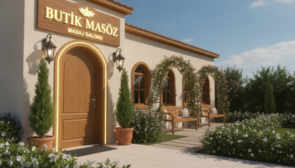 A serene scene showcasing the exterior of the "Butik Masöz" massage salon in Silivri. In the foreground, elegant signage invites clients into a welcoming atmosphere, with soft lighting illuminating the entrance. The middle ground features lush greenery and decorative elements like wooden benches and potted plants, enhancing the tranquil vibe. In the background, a clear blue sky provides a perfect contrast, giving the impression of a warm, sunny day. Capture an inviting ambiance that suggests relaxation and comfort, with soft shadows and a gentle focus. The overall mood should be peaceful and professional, reflecting the quality of services offered at the salon. Ensure no human figures are present in the image.