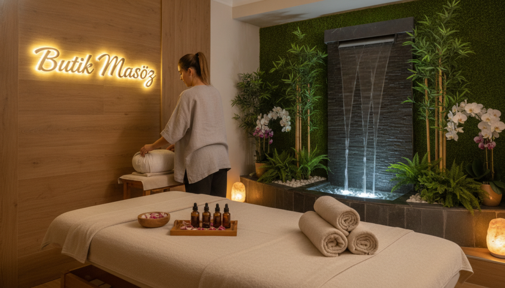 A serene spa interior showcasing "Butik Masöz", featuring a calming massage room filled with soft, ambient lighting. In the foreground, a neatly arranged massage bed adorned with fluffy towels and essential oils creates a welcoming atmosphere. The middle ground captures a professional therapist in modest casual clothing, preparing for a session, exuding a sense of tranquility and expertise. The background features a tranquil indoor water fountain and lush greenery, enhancing the relaxing vibe. The lighting is warm and inviting, casting gentle shadows that emphasize the peaceful decor. The scene conveys a sense of relaxation and well-being, perfect for highlighting the best massage salons in Maltepe.