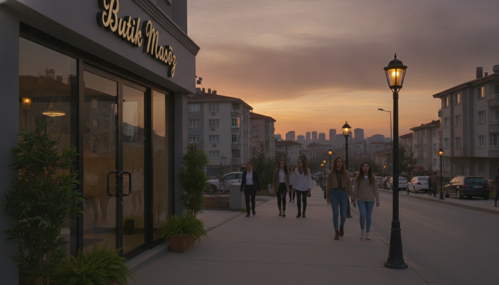 A serene view of a massage salon named "Butik Masöz" nestled in a suburban neighborhood of Maltepe. In the foreground, a welcoming entrance with large glass doors and soft greenery surrounding the entrance, creating an inviting atmosphere. The middle ground features a peaceful street scene, with a well-maintained sidewalk and softly lit lamp posts. Several people in professional business attire and modest casual clothing walk by, signifying accessibility and ease of transportation. In the background, a skyline of Maltepe is visible under a warm sunset, casting a soft golden light over the scene. The overall mood is tranquil and welcoming, with an emphasis on ease of access to relaxation and wellness services. The perspective is slightly elevated, capturing the essence of the neighborhood’s charm and community feel.
