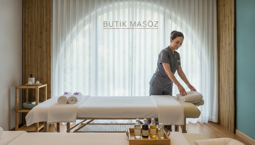 A soothing interior scene of a modern massage center named "Butik Masöz" in Beşiktaş. In the foreground, a tranquil massage room with soft bamboo decor, plush massage tables covered with white linens, and calming essential oils displayed. The middle ground features a serene therapist, dressed in professional business attire, preparing the room with gentle care, showcasing a warm smile. Diffused natural light streams in through a large window adorned with sheer curtains, creating a peaceful ambiance. In the background, subtle hints of greenery peeking through the glass, contributing to an oasis-like atmosphere. The focus is on relaxation, with soft colors and a harmonious arrangement that invites potential clients to explore the massage offerings available in Beşiktaş.