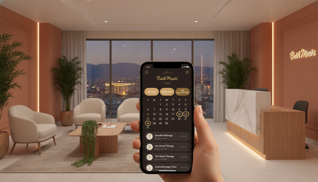 A sophisticated Aksaray massage salon reservation system interface, featuring a sleek, modern design with user-friendly navigation. In the foreground, a professional-looking mobile app interface displays booking options, services, and a calendar. The middle layer includes an inviting reception area with soft lighting, elegantly arranged with plush seating, warm-colored walls, and plants for a calming atmosphere. The background showcases a serene view of Aksaray’s hotel district through large windows. The overall ambiance conveys relaxation and professionalism, enhanced by a gently lit environment. The image subtly incorporates the brand name "Butik Masöz" in the design elements, ensuring a cohesive look. The composition captures a sense of ease and accessibility in the reservation process for potential clients.