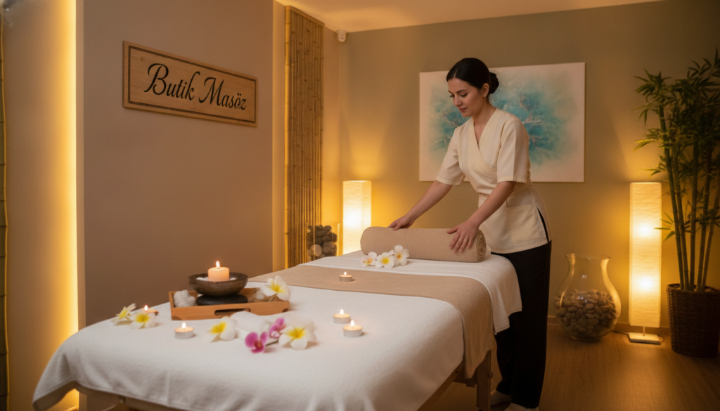 A tranquil and inviting spa interior featuring "Butik Masöz" as the central focus. In the foreground, a serene treatment room showcases a massage table draped in soft, white linens, surrounded by calming candles and delicate flowers that evoke a sense of relaxation. The middle layer captures a professional massage therapist in modest business attire preparing for a session, their gentle demeanor enhancing the atmosphere. The background presents soft, ambient lighting with muted colors and tasteful decor elements like bamboo, creating a harmonious and cozy retreat. The overall mood is peaceful and rejuvenating, inviting potential clients to envision their expectations for a comforting and restorative massage experience.