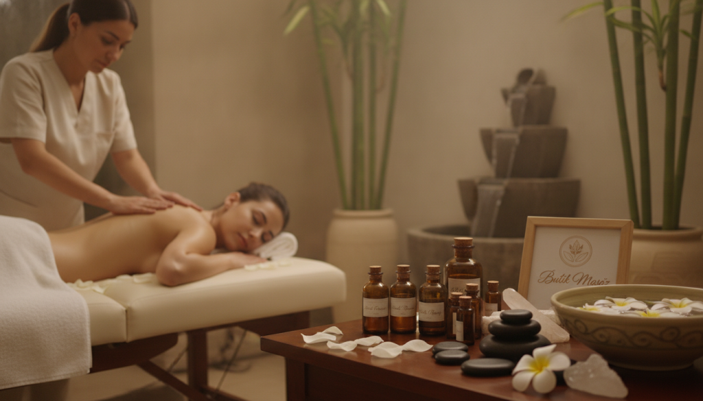 A tranquil spa setting showcasing the essence of massage techniques, with a focus on relaxation and wellness. In the foreground, a skilled therapist in professional attire performs a soothing back massage on a client lying on a massage table, surrounded by soft, ambient lighting. The middle layer features an array of essential oils and natural stones neatly arranged, emphasizing the therapeutic tools used in various massage techniques. In the background, delicate bamboo plants and gentle water features create a serene atmosphere, enhancing the spa's calming vibe. The lighting should be warm and inviting, with a soft focus to evoke a sense of peace and relaxation. Include the brand name "Butik Masöz" subtly displayed within the elegant decor to reinforce the luxurious experience.