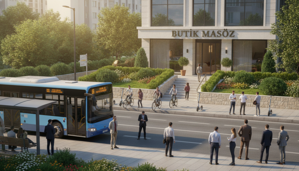 A vibrant scene of transportation options leading to the "Butik Masöz" massage center in Silivri. In the foreground, a well-maintained city bus stops, with a diverse group of people waiting in professional attire. The middle ground features a bustling street with bicycles and scooters parked nearby, symbolizing eco-friendly transit. In the background, the modern facade of "Butik Masöz" is prominently displayed, surrounded by greenery and pleasant landscaping, inviting passersby. The lighting is warm and bright, suggesting a sunny day, creating an inviting atmosphere. The perspective is slightly elevated, capturing the entire scene in a busy yet harmonious urban setting. The overall mood is upbeat and welcoming, encouraging patrons to explore their transportation choices.