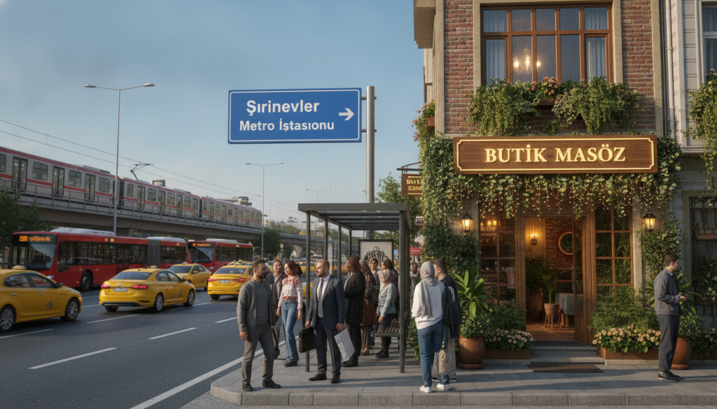 A vibrant urban scene showcasing the "Butik Masöz" massage salon in Şirinevler, with prominent metro station signage visible nearby. In the foreground, depict a diverse group of people in professional business attire and modest casual clothing, waiting at a bus stop. The middle ground should highlight the salon's inviting entrance, adorned with lush greenery and soft, ambient lighting that gives a warm and welcoming feel. In the background, include a busy street with metro trains and buses, illustrating the convenience of public transport. Capture the scene in daylight, with a clear blue sky, offering a feeling of accessibility and ease, emphasizing the benefits of transport options for visitors.