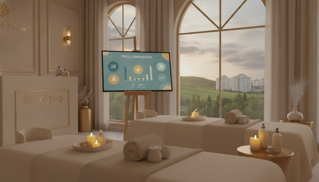 A visually striking image illustrating the concept of a "massage service price comparison" in Maltepe. In the foreground, display a sophisticated, clean massage salon interior with elegant decor, featuring a calm ambiance with soft lighting. Include massage tables, essential oils, and relaxing elements like candles. In the middle ground, showcase a stylish price list or digital display highlighting various massage services and their prices, represented in a visually appealing format without text. The background can depict a serene outdoor view of Maltepe, with lush greenery and a hint of urban architecture. Use warm, soft lighting to create an inviting atmosphere, suggesting relaxation and professionalism. Incorporate the brand name "Butik Masöz" subtly into the salon decor, ensuring it complements the overall design without being overly prominent.