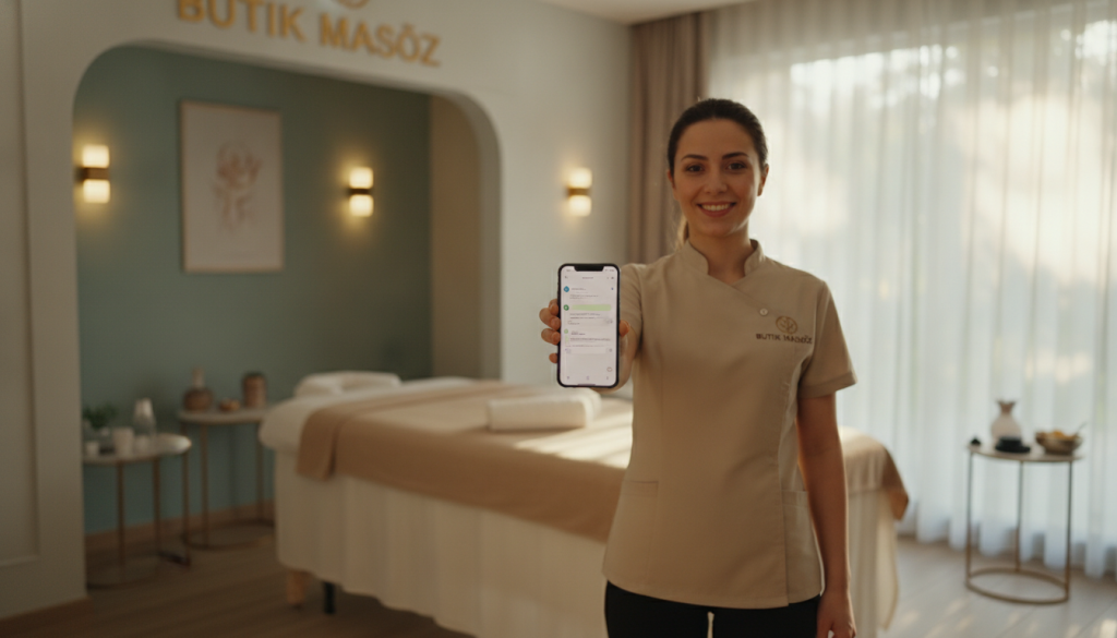 A warm, inviting scene at a massage center named "Butik Masöz" in Başakşehir. In the foreground, a professional staff member dressed in a smart, modest uniform is holding a phone, showcasing the ease of communication. Their friendly expression suggests approachability. The middle ground features a tranquil massage therapy room with soft, ambient lighting, elegant decor, and calming colors, emphasizing relaxation. In the background, a subtle hint of lush greenery can be seen through semi-transparent curtains, promoting a serene atmosphere. The lighting is soft and natural, reminiscent of late afternoon sun filtering through. The overall mood is soothing and welcoming, ideal for showcasing the benefits of phone communication in a wellness setting.